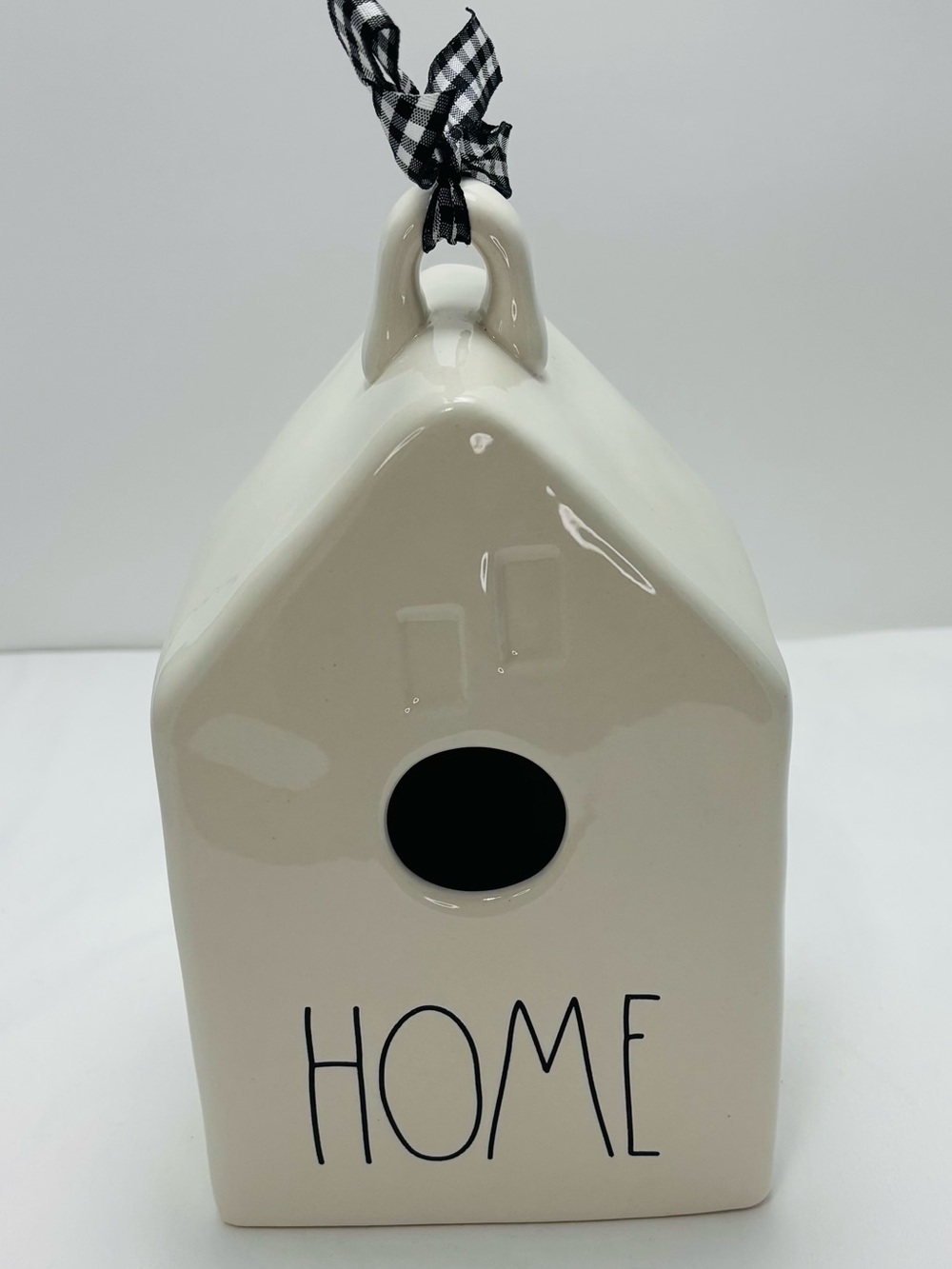 Cream Ceramic 'HOME' Birdhouse with Gingham Ribbon
